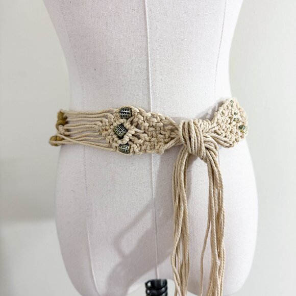 Vintage Y2K Tan Beaded Macrame Belt Women's Size OS EUC Tie Closure - Picture 1 of 6